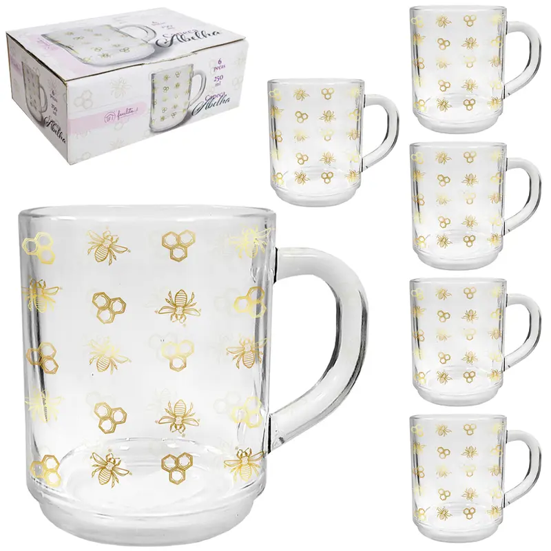 JOGO DE CANECA XICARA DE VIDRO ABELHA FACILITE.UD COM 6 PECAS 250ML