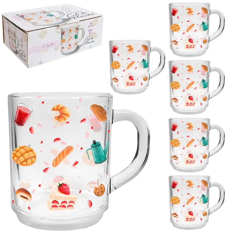 JOGO DE CANECA XICARA DE VIDRO CAFE DA MANHA FACILITE.UD COM 6 PECAS 250ML