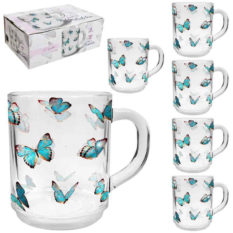 JOGO DE CANECA XICARA DE VIDRO BORBOLETAS FACILITE.UD COM 6 PECAS 250ML
