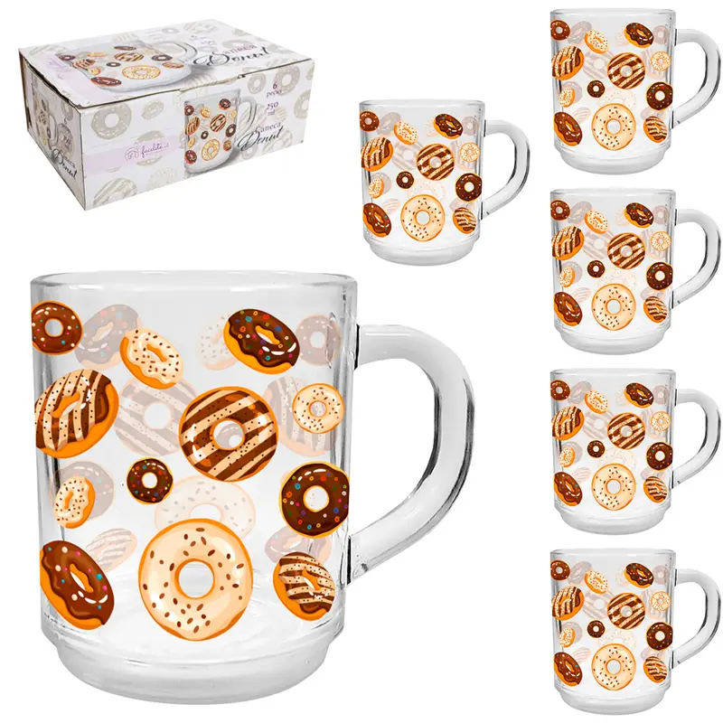 JOGO DE CANECA XICARA DE VIDRO DONUTS FACILITE.UD COM 6 PECAS 250ML