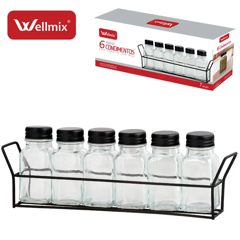 PORTA CONDIMENTO DE VIDRO COM 6 PECAS 90ML + SUPORTE ARAMADO BLACK