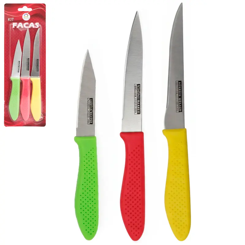 CONJUNTO DE FACA DE COZINHA DE INOX CABO PLASTICO 3 PECAS