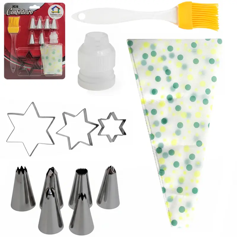 KIT CONFEITEIRO COM DECORADOR DE BOLO SACO DE PLASTICO PARA CONFEITAR + 6 BICOS DE INOX E ACESSORIOS 12 PECAS