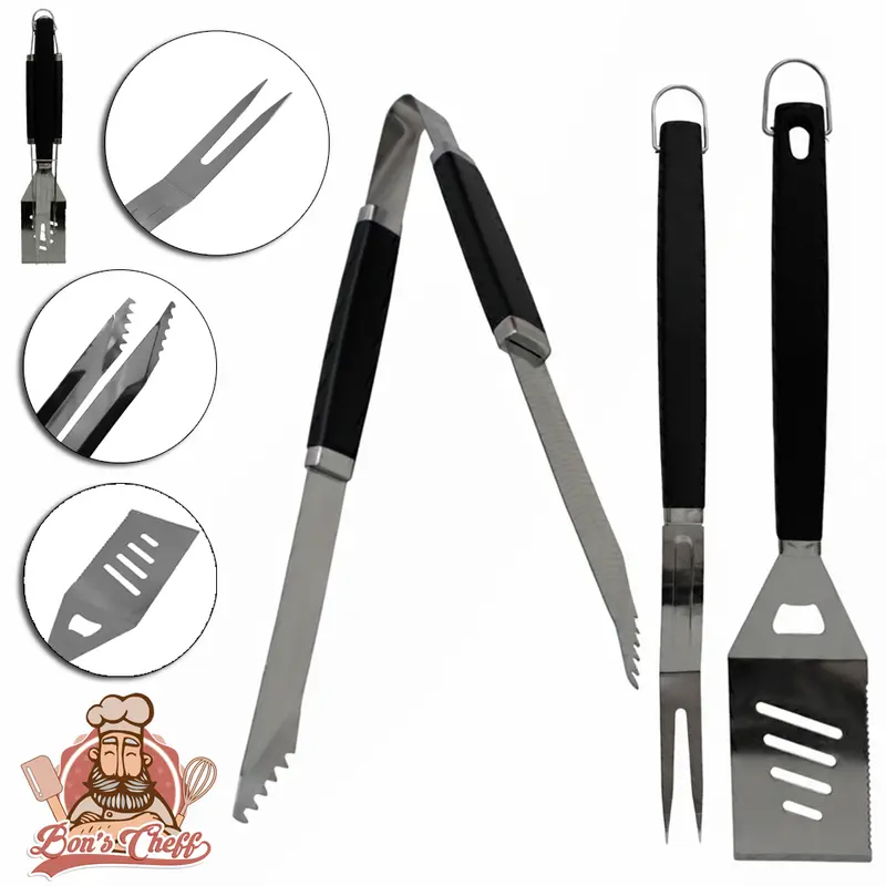 CONJUNTO DE CHURRASCO COM PEGADOR + GARFO E ESPATULA DE INOX CABO PLASTICO PRETO