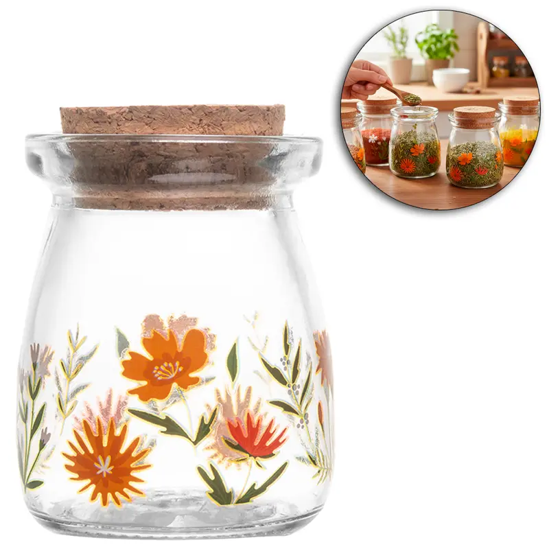 FRASCO / POTE DE VIDRO REDONDO COM TAMPA CORTICA FLORA 100ML