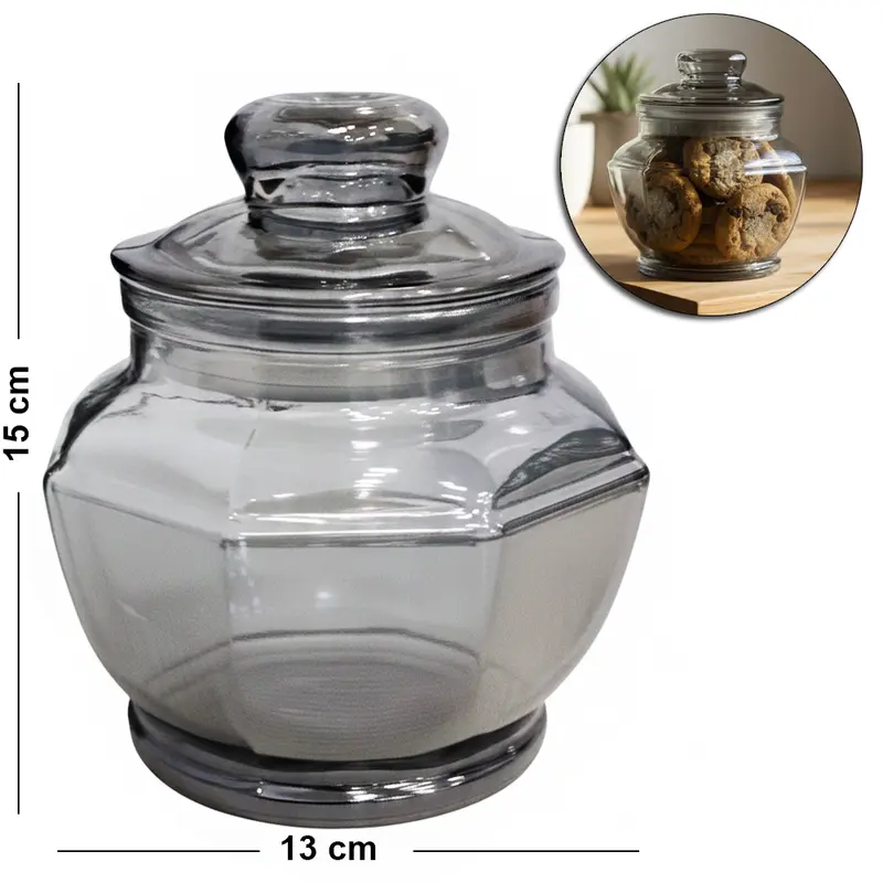 POTE DE VIDRO FUME OITAVADO COM TAMPA HERMETICA DE VIDRO 800ML