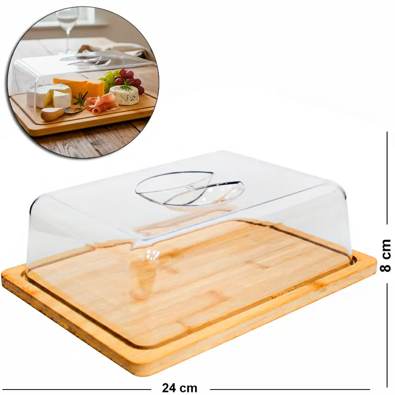 PORTA FRIOS DE BAMBU RETANGULAR COM TAMPA ACRILICO 24X18,5X8CM