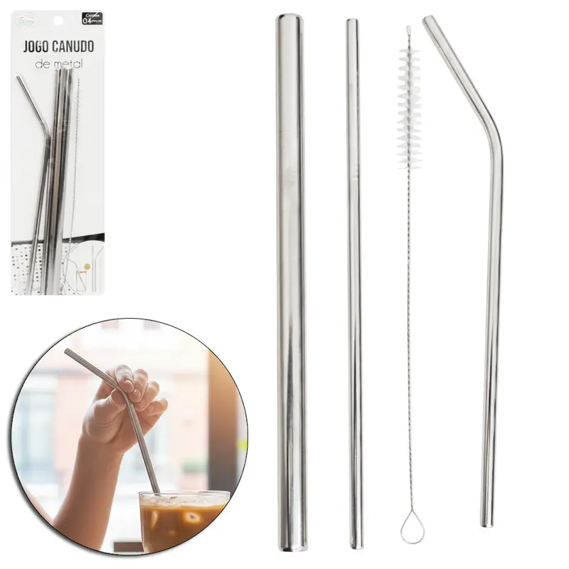 CANUDO PARA MILK SHAKE RETO / CURVADO REUTILIZAVEL DE INOX COM 3 PECAS + ESCOVA HIGIENICA
