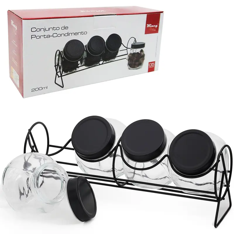 PORTA CONDIMENTO DE VIDRO COM 4 PECAS 200ML + SUPORTE ARAMADO BLACK NA CAIXA