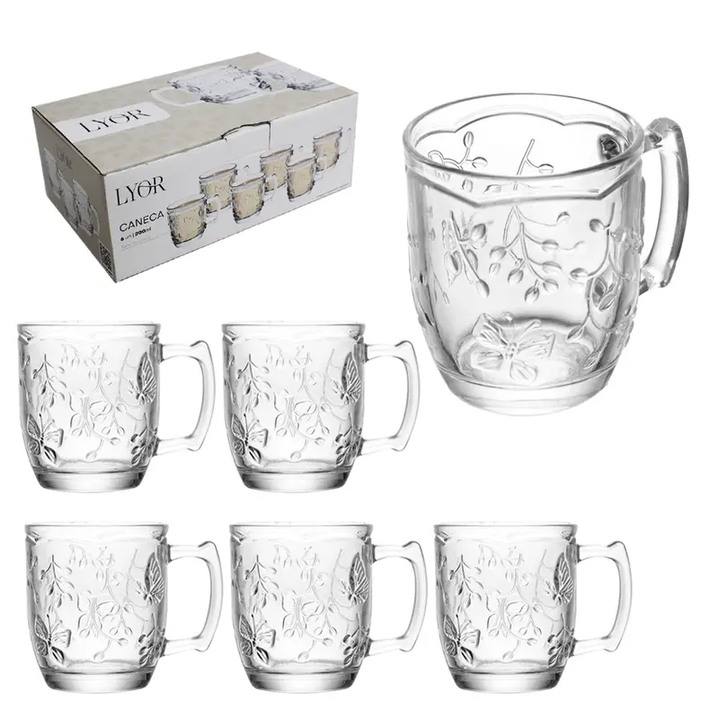 JOGO DE CANECA XICARA DE VIDRO PARA CAFE / CAPPUCCINO NEW BUTTERFLY COM 6 PECAS 200ML