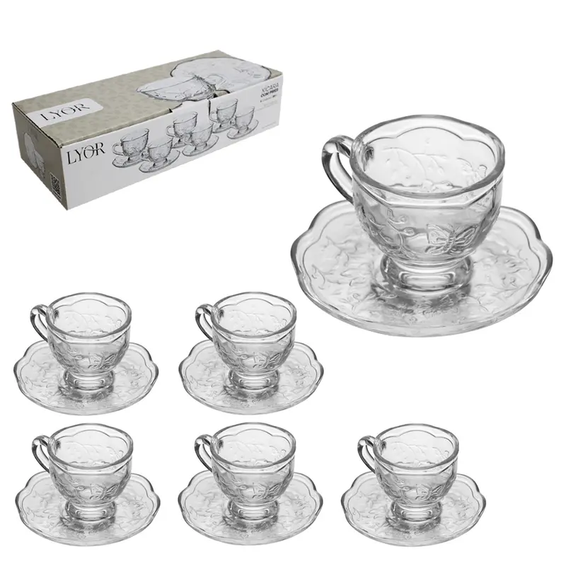 JOGO DE XICARA DE VIDRO CRISTAL COM PIRES PARA CAFE NEW BUTTERFLY 6 KITS (12 PECAS) 80ML