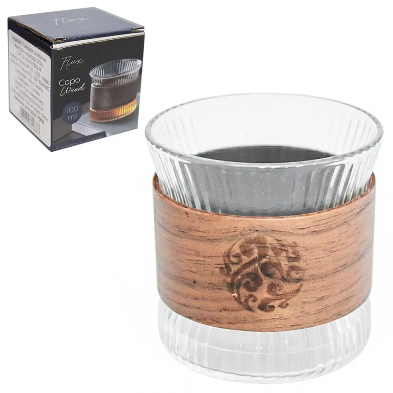 COPO DE VIDRO COM CINTURAO DE MADEIRA WOOD FLUX 100ML