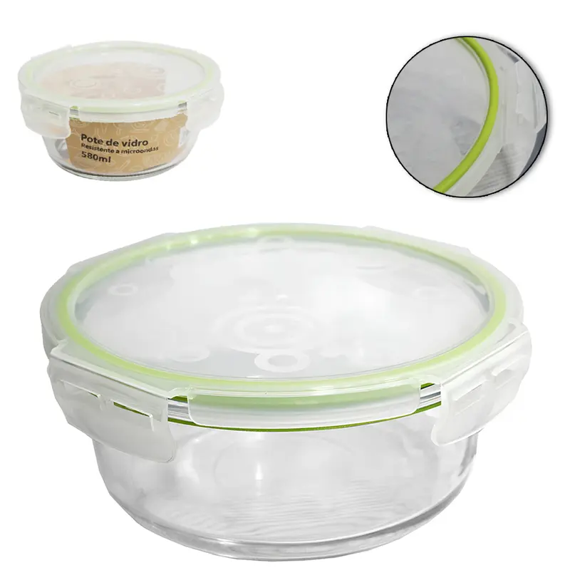 POTE DE VIDRO BOROSSILICATO REDONDO COM TAMPA HERMETICA E TRAVA 580ML