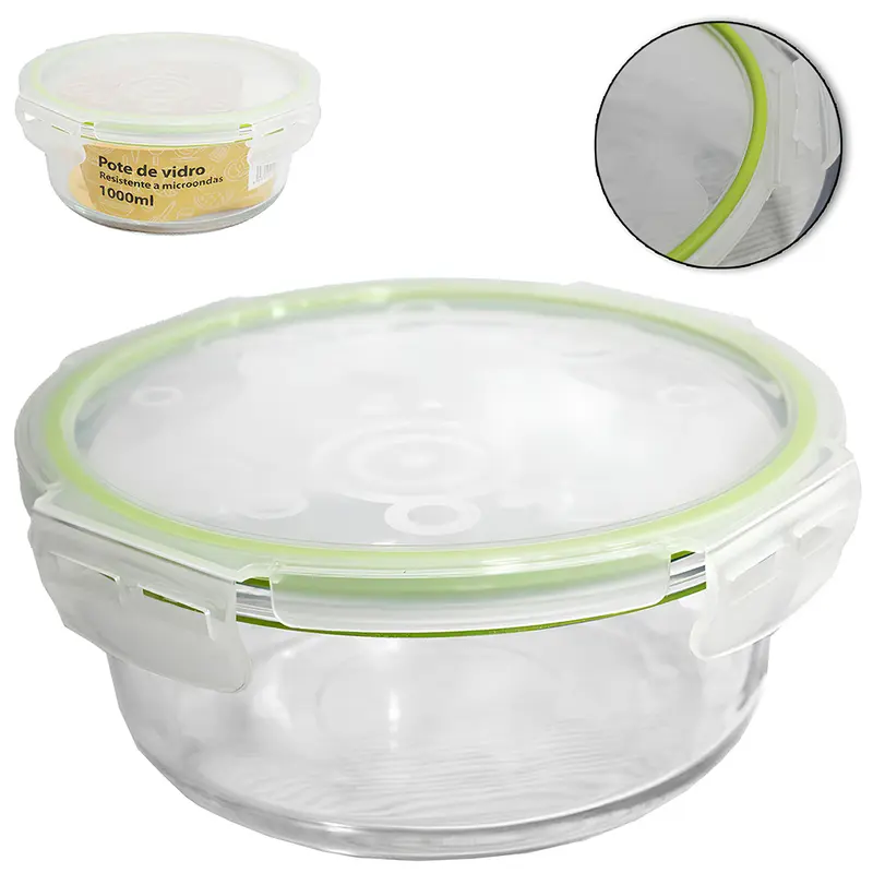 POTE DE VIDRO BOROSSILICATO REDONDO COM TAMPA HERMETICA E TRAVA 1000ML