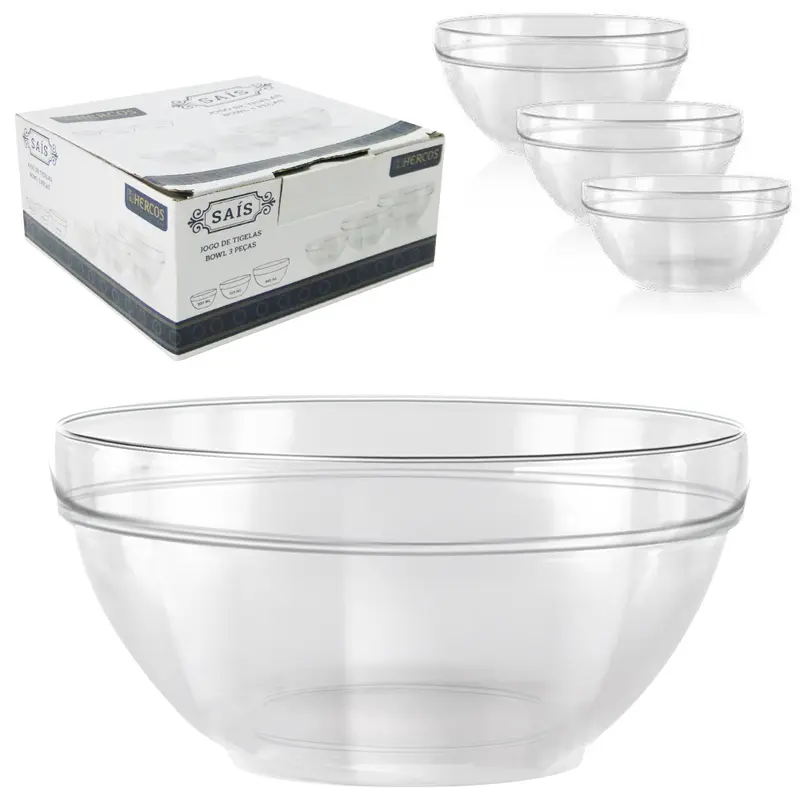 JOGO DE TIGELA DE VIDRO REDONDA BOWL SAIS HERCOS COM 3 PECAS 950/575/300ML 17/14/12CM DE Ø