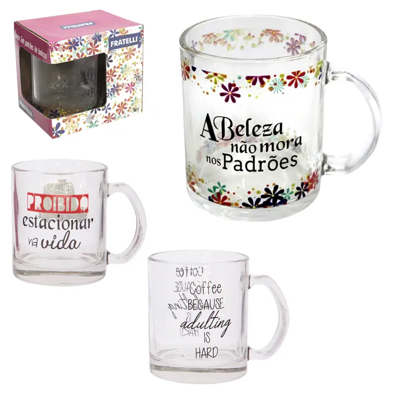 CANECA XICARA DE VIDRO A BELEZA NAO MORA NOS PADROES 310ML