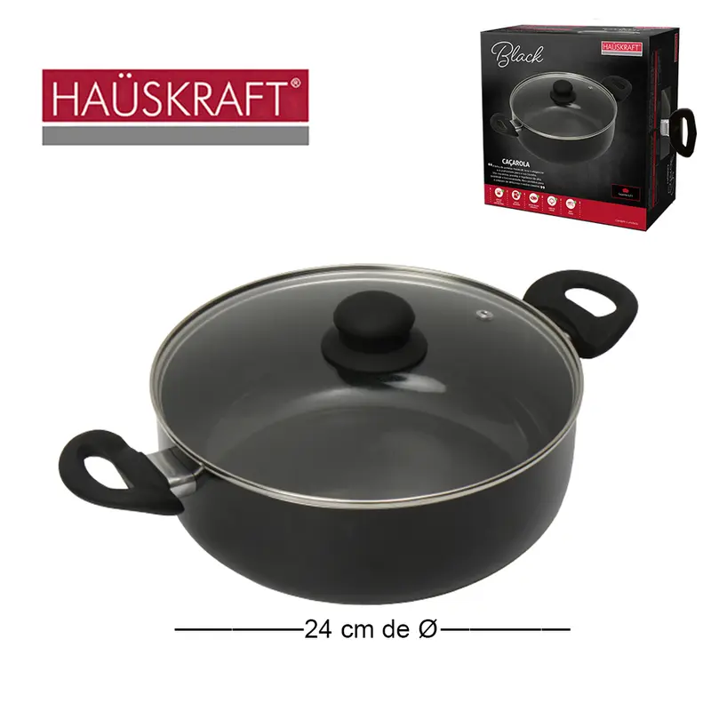 CACAROLA REVESTIDA CERAMICA COM ALCA E TAMPA DE VIDRO BLACK HAUSKRAFT 24CM DE Ø 3L