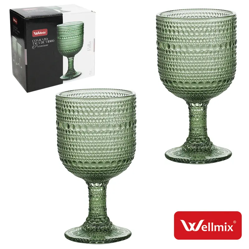 JOGO DE TACA DE VIDRO PARA AGUA / VINHO PREMIUM PALLA COLLECTION VERDE ESCURO COM 2 PECAS 255ML