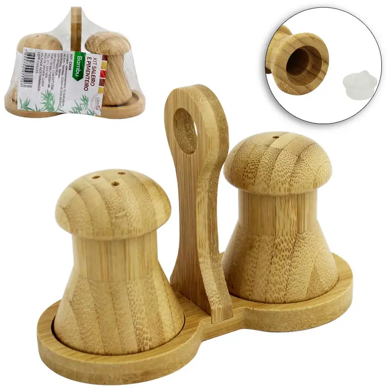 SALEIRO / PIMENTEIRO DE MESA DE BAMBU 2 PECAS COM SUPORTE