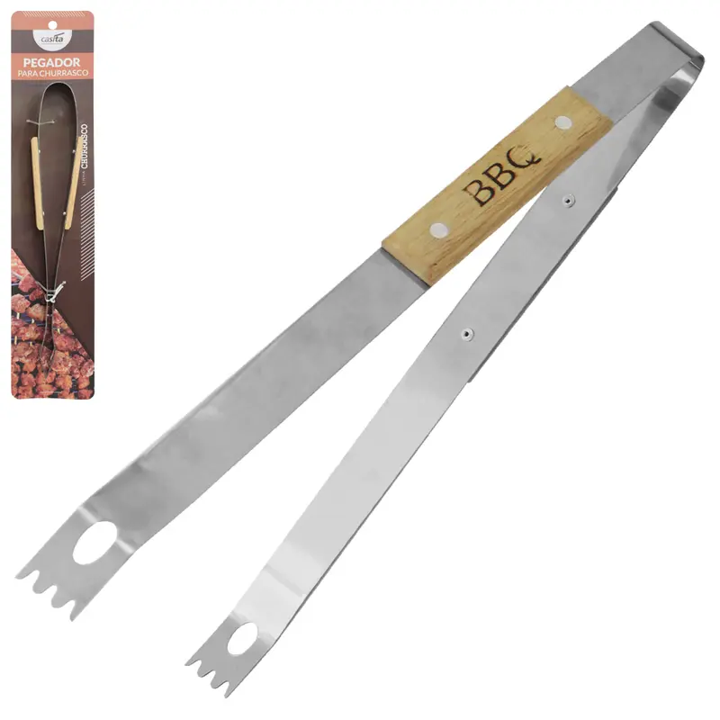 PEGADOR DE CHURRASCO DE INOX CABO MADEIRA 35CM