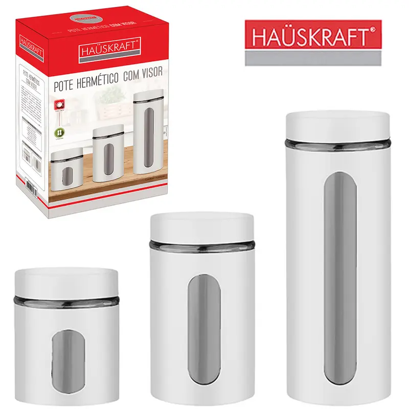CONJUNTO DE POTE DE VIDRO / INOX REDONDO PARA MANTIMENTOS COM VISOR + TAMPA DE ROSCA BRANCO HAUSKRAFT COM 3 PECAS 600/90