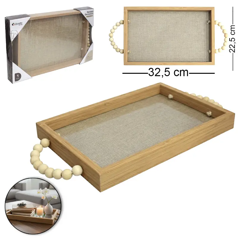 BANDEJA DE PLASTICO TIPO MADEIRA FUNDO POLIESTER / VIDRO RETANGULAR DECORATIVA + ALCA DE CONTAS DECOR 32,5X22,5X3CM