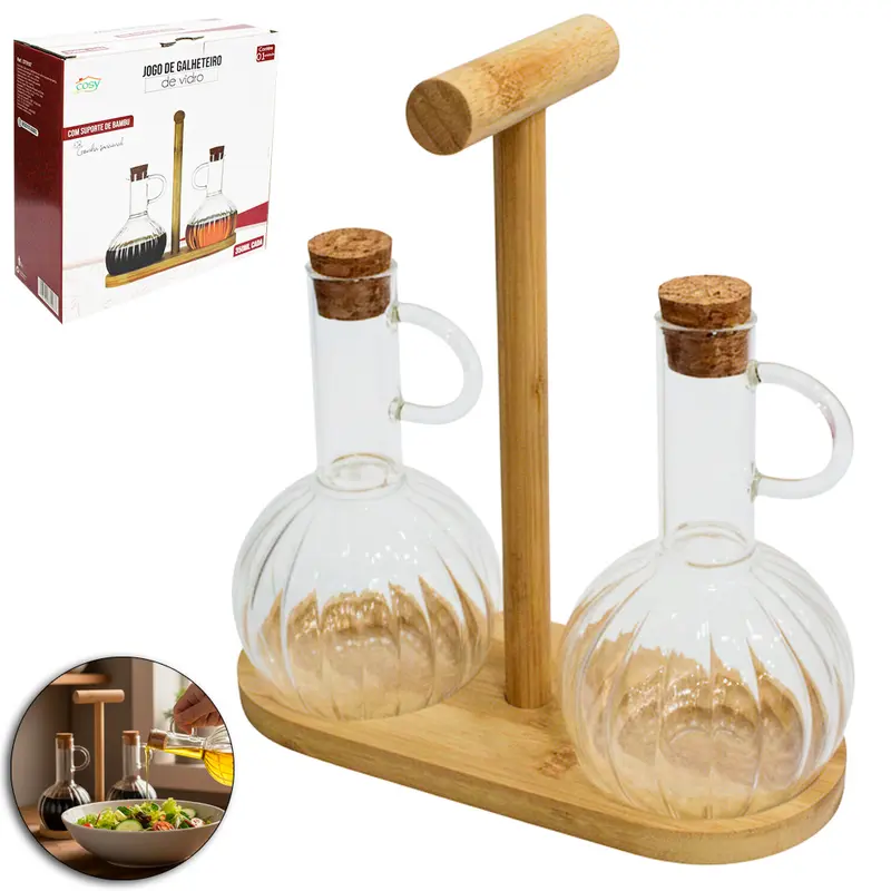 GALHETEIRO DE VIDRO COM 2 PECAS 350ML + SUPORTE DE BAMBU