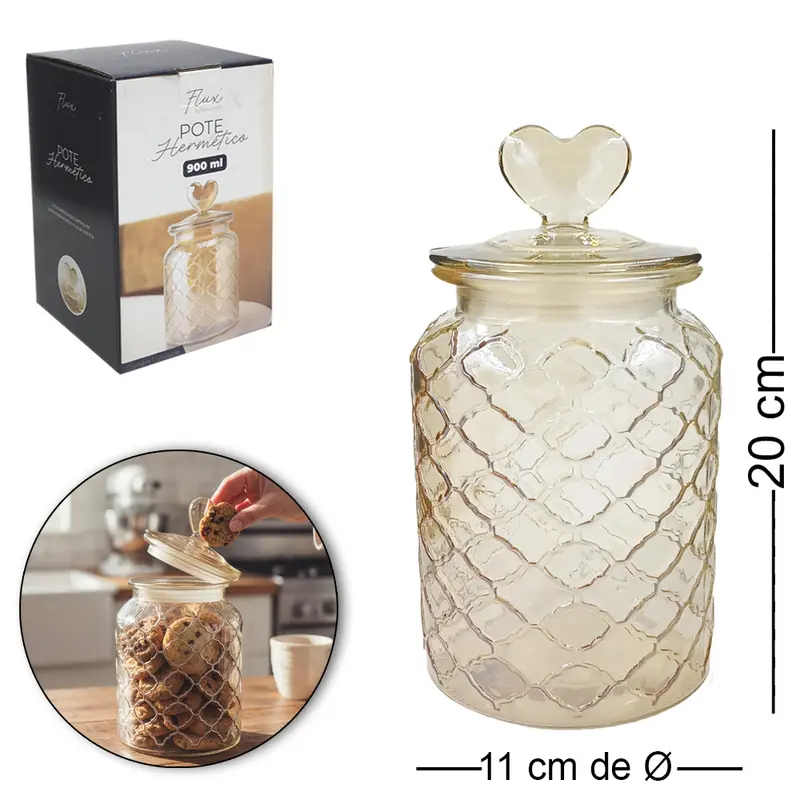 POTE DE VIDRO REDONDO COM TAMPA HERMETICA CORACAO DE VIDRO AMBAR FLUX 900ML