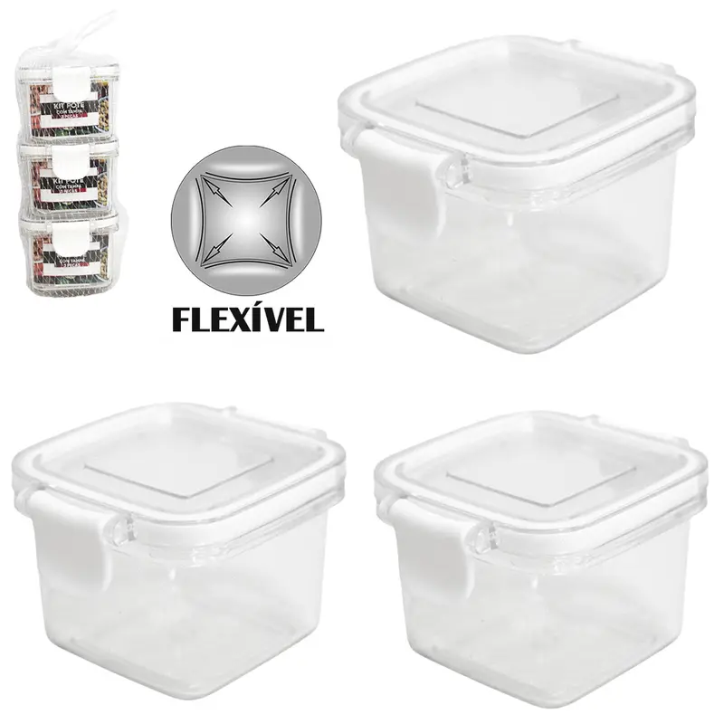 CONJUNTO DE MINI POTE DE PLASTICO PET FLEXIVEL QUADRADO COM TAMPA HERMETICA E TRAVA 3 PECAS 60ML NA REDE
