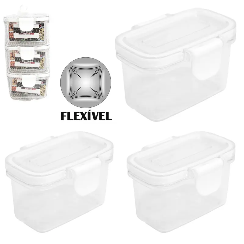CONJUNTO DE MINI POTE DE PLASTICO PET FLEXIVEL RETANGULAR COM TAMPA HERMETICA E TRAVA 3 PECAS 60ML NA REDE
