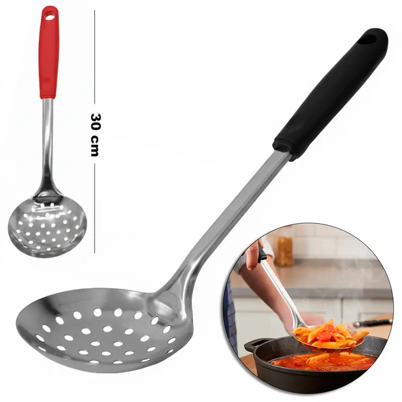 ESCUMADEIRA DE INOX CABO PLASTICO VERMELHO E PRETO BLACK LINE 30X9,5CM