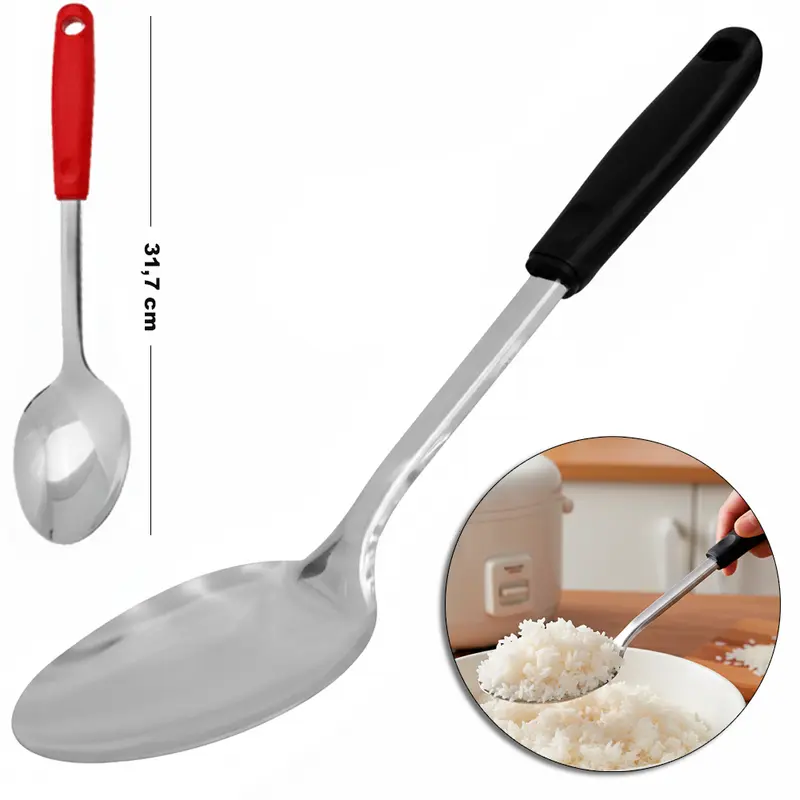 COLHER DE ARROZ DE INOX CABO PLASTICO VERMELHO E PRETO BLACK LINE 31,7X7,5CM