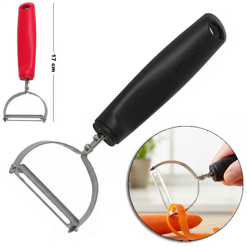 CORTADOR DESCASCADOR DE LEGUMES / FRUTAS DE INOX CABO PLASTICO VERMELHO E PRETO BLACK LINE 17X5,5CM