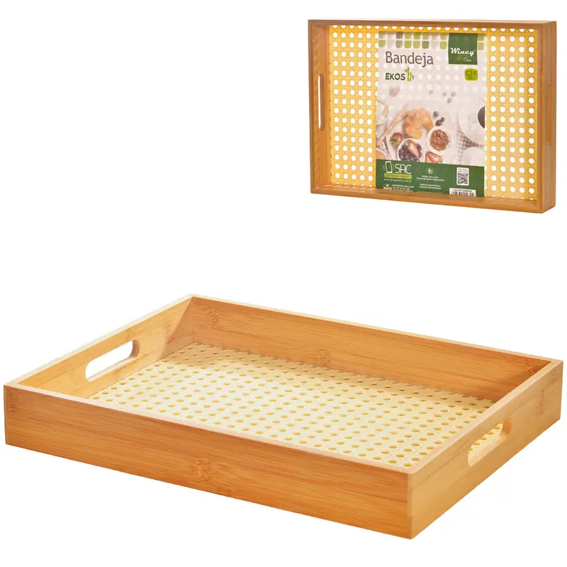 BANDEJA DE BAMBU COM FUNDO DE PLASTICO RETANGULAR EKOS 34X24X5CM