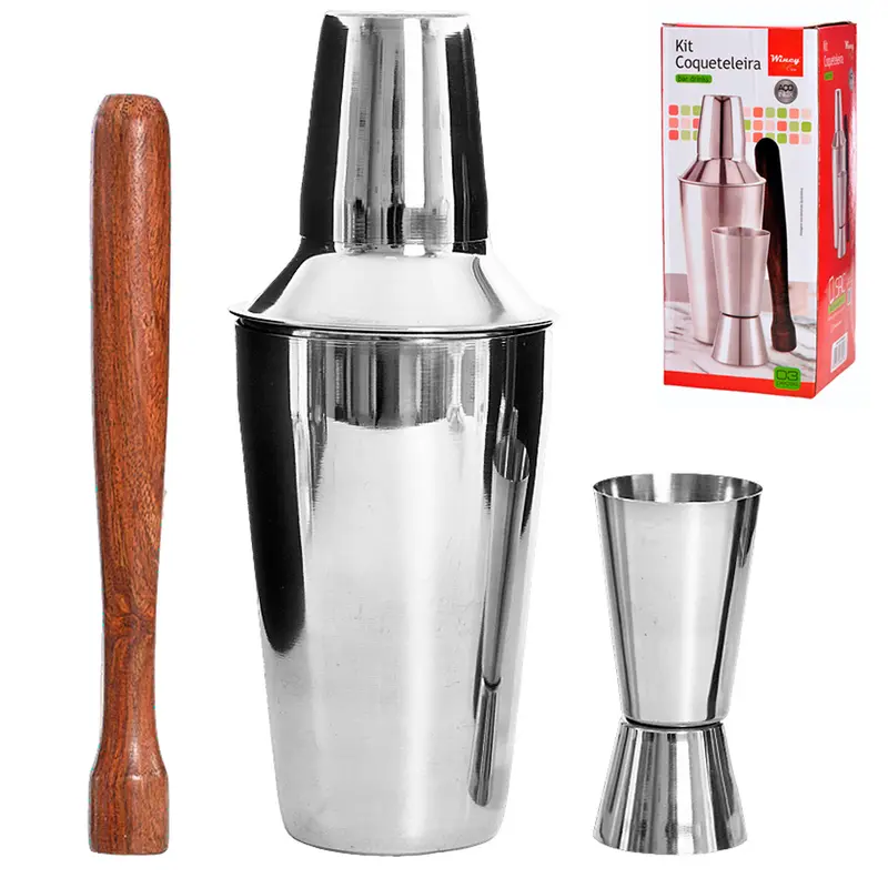 KIT BAR COM COQUETELEIRA 500ML + COPO DOSE / SHOT DUPLO DE INOX 25 / 50ML E SOCADOR DE MADEIRA