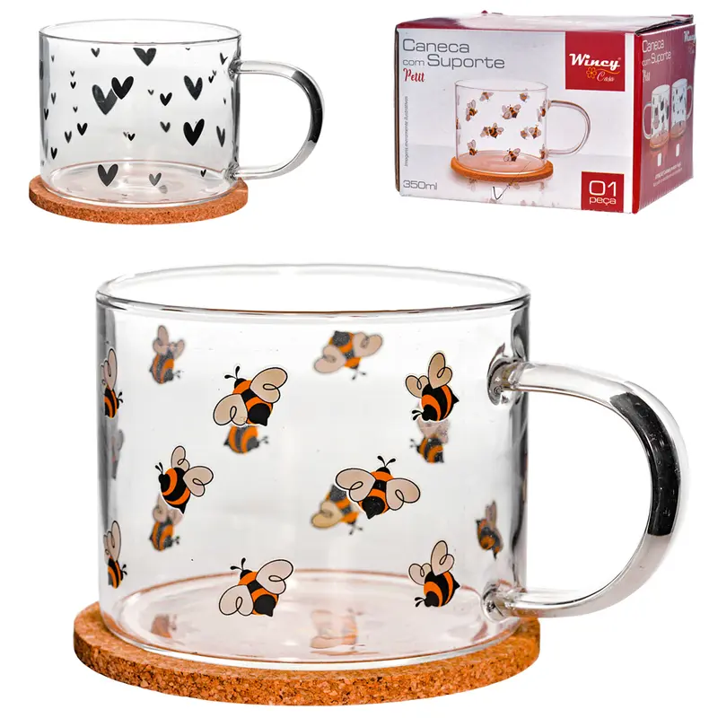 CANECA XICARA DE VIDRO BOROSSILICATO + ( PORTA COPO ) SUPORTE DE CORTICA PETIT 350ML