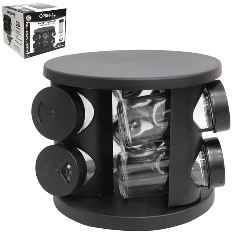 PORTA CONDIMENTO DE VIDRO / PLASTICO COM 6 PECAS 90ML + SUPORTE GIRATORIO REDONDO BLACK