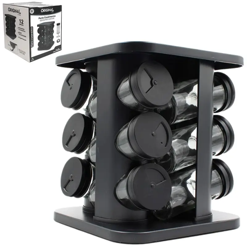PORTA CONDIMENTO DE VIDRO / PLASTICO COM 12 PECAS 90ML + SUPORTE GIRATORIO QUADRADO BLACK