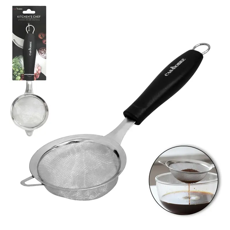 PENEIRA COADOR DE INOX CABO PLASTICO PRETO CASA NOBRE KITCHEN'S CHEF PROFISSIONAL 25,5X9CM DE Ø