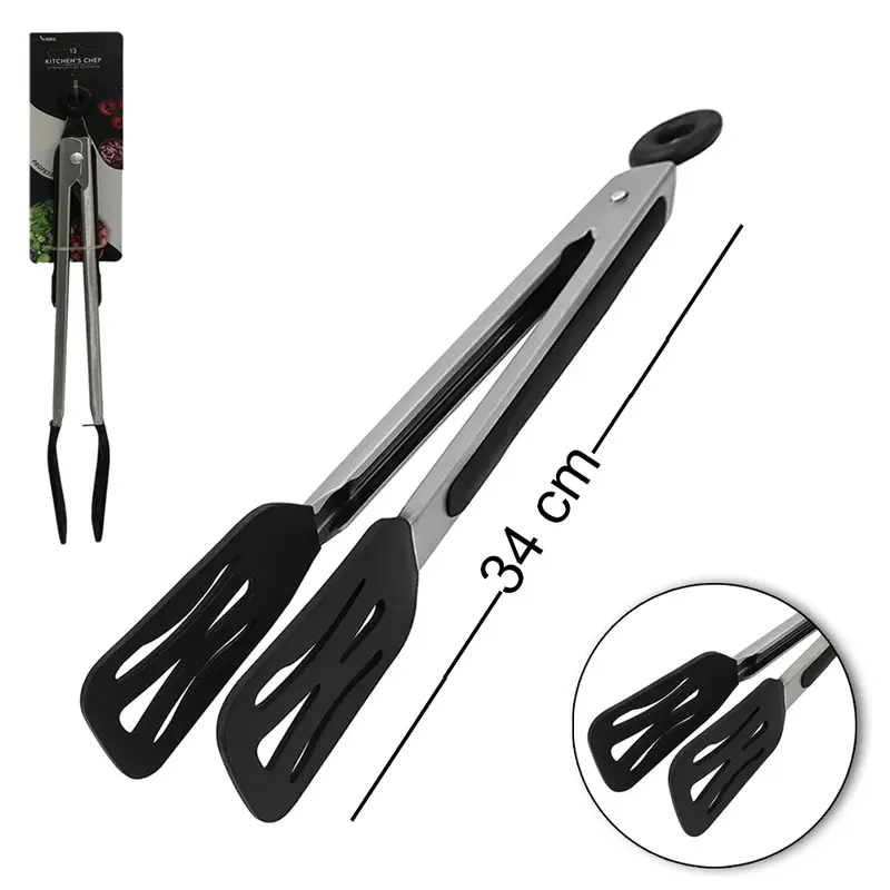 PEGADOR MULTIUSO INOX / SILICONE VAZADO PRETO COM MOLA E TRAVA PROFISSIONAL CASA NOBRE KITCHEN'S CHEF