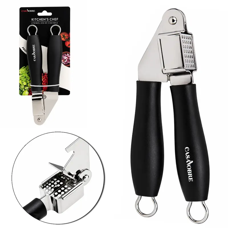 ESPREMEDOR DE ALHO DE INOX CABO PLASTICO PRETO CASA NOBRE KITCHEN'S CHEF PROFISSIONAL