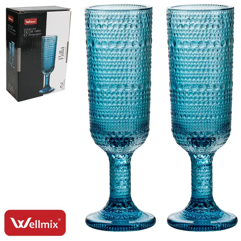 JOGO DE TACA DE VIDRO PARA CHAMPANHE CHAMPAGNE PALLA COLLECTION AZUL ESCURO COM 2 PECAS 160ML