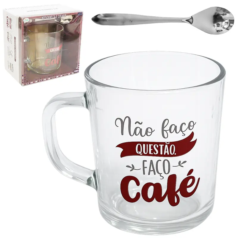 CANECA XICARA DE VIDRO FRASES CAFE 250ML + COLHER DE INOX