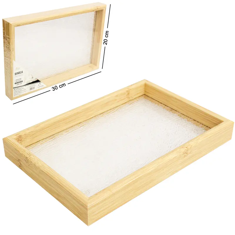 BANDEJA DE MADEIRA MDF COM FUNDO DE ACRILICO DECORATIVA 30X20X3,5CM
