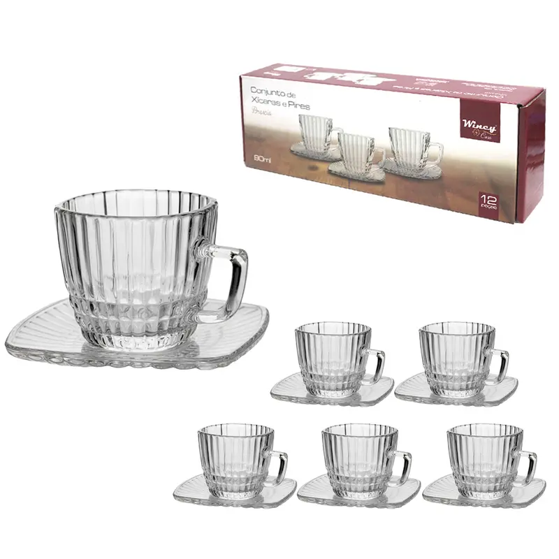 JOGO DE XICARA DE VIDRO QUADRADA COM PIRES PARA CAFE BRESCIA COM 12 PECAS 90ML