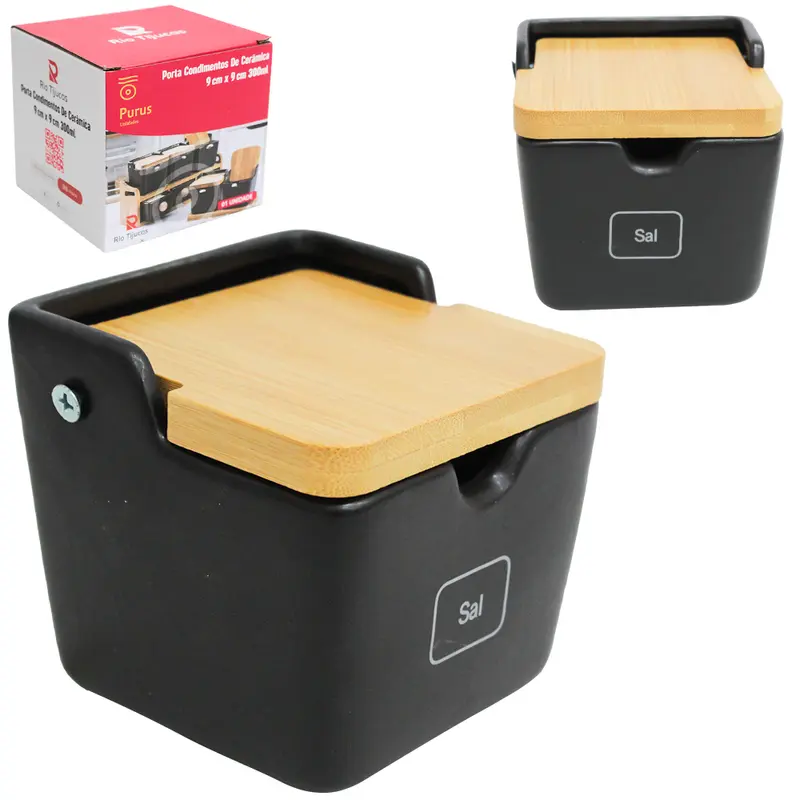 SALEIRO DE PORCELANA COM TAMPA DE BAMBU 300ML