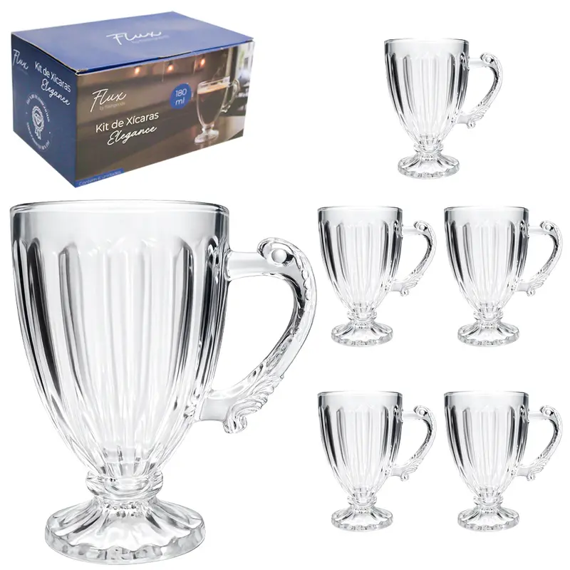 JOGO DE CANECA XICARA DE VIDRO PARA CAFE / CAPPUCCINO ELEGANCE COM 6 PECAS 180ML