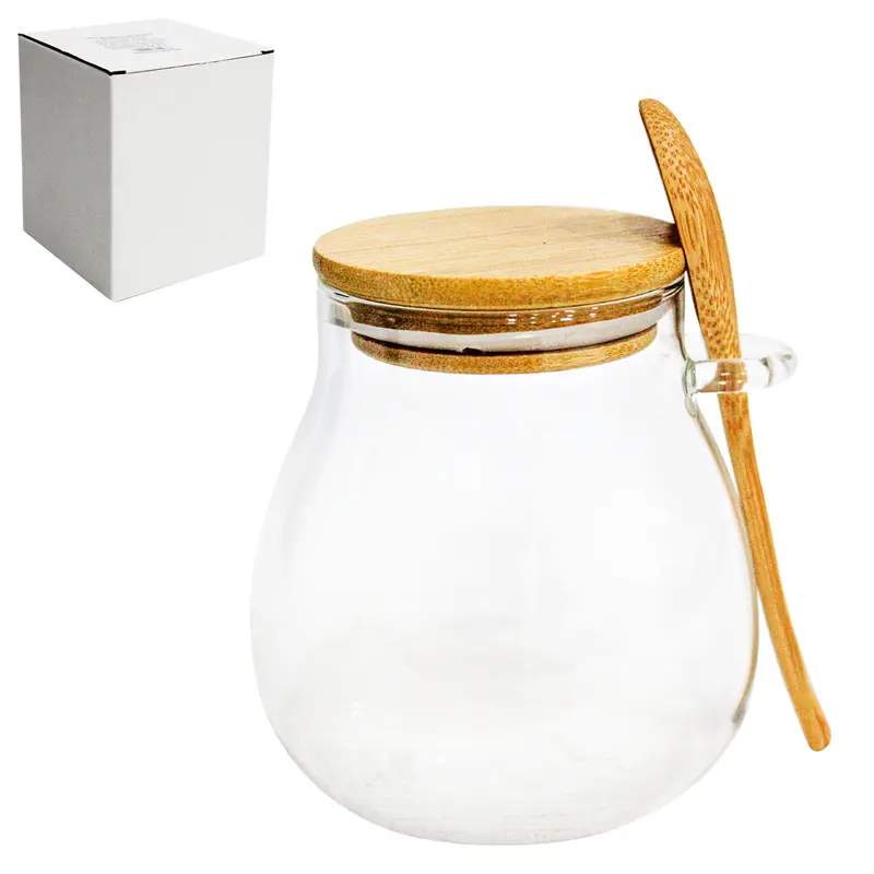 POTE DE VIDRO BOROSSILICATO LISO BOJUDO COM ALCA + COLHER E TAMPA HERMETICA MADEIRA / BAMBU 350ML