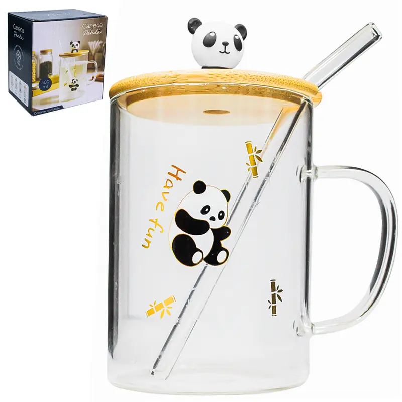 CANECA DE VIDRO BOROSSILICATO PANDA COM CANUDO + TAMPA DE MADEIRA / BAMBU 480ML