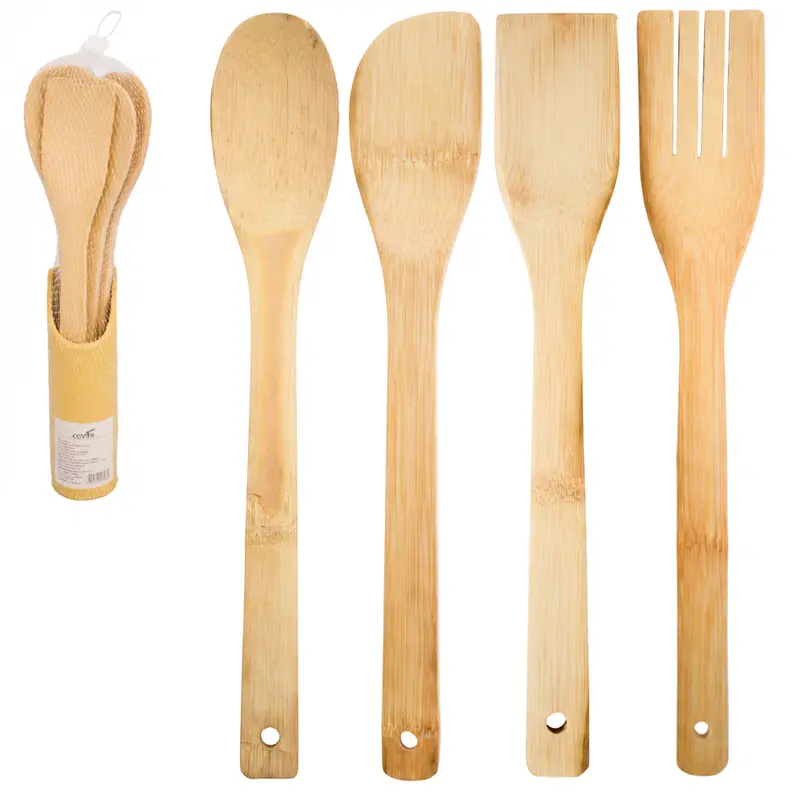KIT COM COLHER + ESPATULA + GARFO + ESPATULA DE PAO DURO E SUPORTE DE BAMBU NA REDE